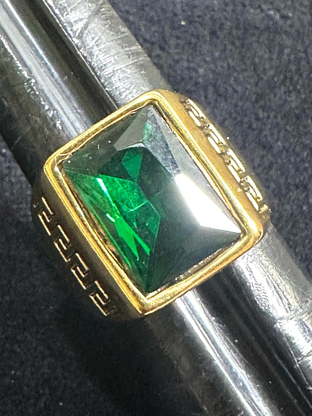 Men’s Greek Key Emerald Green Faceted Stone Stainless Steel Ring